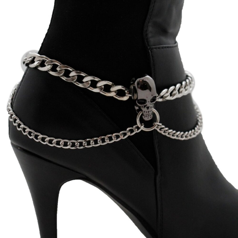 Women 2 Boots Bracelet Silver Metal Chains Skeleton Skull Anklet Shoe Charm PAIR - Picture 14 of 17